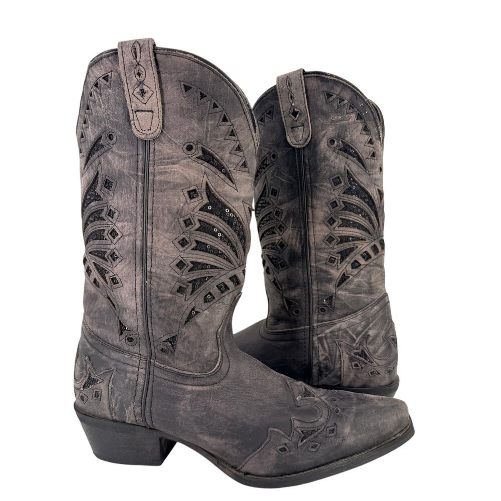 Laredo Leather Stevie Western Boots Womens Sz 10 Brown Sequin Cowgirl Distressed